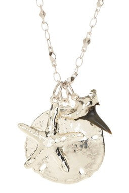 Silver Sand Dollar, Starfish & Shark's Tooth Charm Necklace