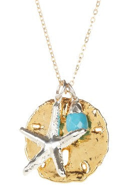 Sand Dollar, Starfish & Turquoise Teardrop Charm Necklace