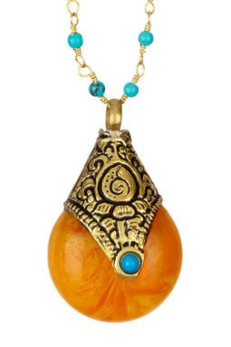 Tibetan Faux Amber & Turquoise Drop Pendant Necklace