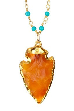 Carnelian Arrowhead, Turquoise & Gold Pendant Necklace