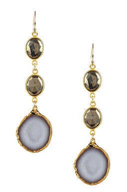 Pyrite & Geode Triple Drop Dangle Earrings