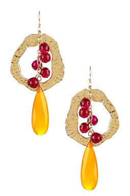 Tangerine Carnelian & Ruby Quartz Hammered Dangle Earrings