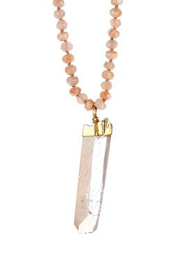 Peach Moonstone & Quartz Point Hand-Knotted Pendant Necklace