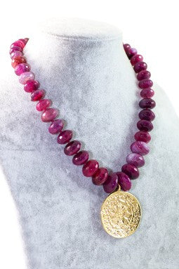 Pink Agate Coin Pendant Reversible Necklace