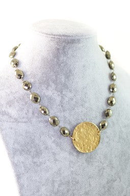 Pyrite Wire Wrapped Gold Disc Pendant Necklace