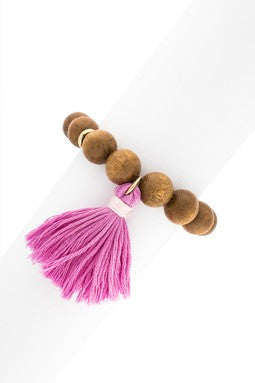 Wood & Pink Tassel Stretch Bracelet