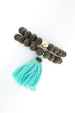 Wood Beaded Tassel Stretch Bracelet