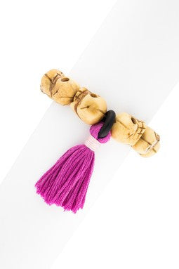 Wood Skull Tassel Stretch Bracelet