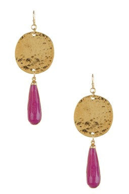 Hammered Disk Elongated Chalcedony Teardrop Earrings