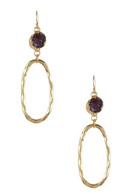 Amethyst Druzy Oblong Hoop Drop Earrings