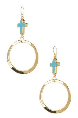 Turquoise Cross Hammered Hoop Drop Earrings