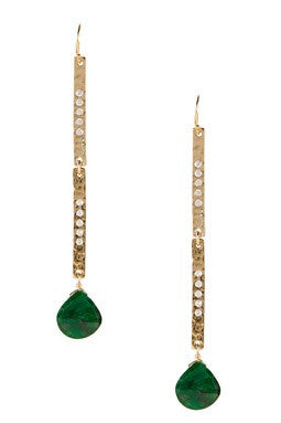 Hammered Bar CZ & Emerald Briolette Dangle Earrings