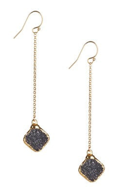 Diamond Shape Black Druzy Chain Earrings